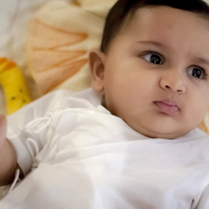 Kids Unisex Organic Newborn Jabla– Indigo Zoo + White Ajrakh – Kids Daywear Sets on Brown Living™. SKU: ZOOWHT-COMBOANG-NB. Img 4.