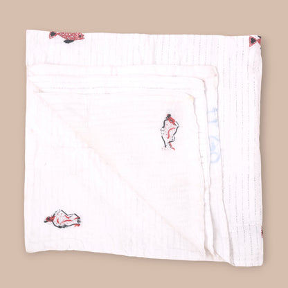 White Mulmul Fish Design Hand Embroidered Baby Nakshi Kantha