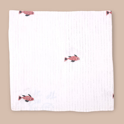 White Mulmul Fish Design Hand Embroidered Baby Nakshi Kantha