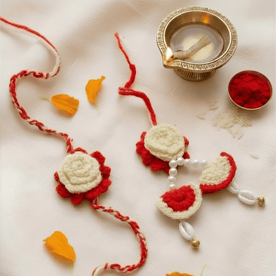 Kiran Bhaiya Bhabhi Rakhi & Lumba Set | Handmade Designer Rakhi – Rakhi on Brown Living™. SKU: AM-RKHSET-Kiran. Img 1.