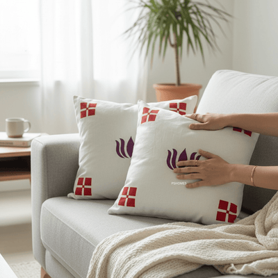 Kolam Handblock Cotton Cushion Covers with Zipper - Set of 4 – Covers & Inserts on Brown Living™. SKU: CUSKOLLAM16X16RED-4. Img 17.