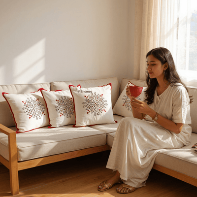 Kolam Handblock Cotton Cushion Covers with Zipper - Set of 4 – Covers & Inserts on Brown Living™. SKU: CUSKOLLAM16X16RED-4PCS. Img 9.