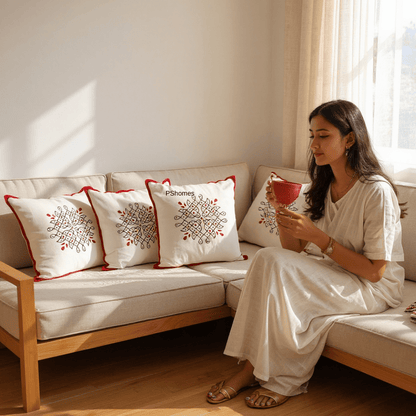 Kolam Handblock Cotton Cushion Covers with Zipper - Set of 4 – Covers & Inserts on Brown Living™. SKU: CUSKOLLAM16X16RED-4PCS. Img 9.