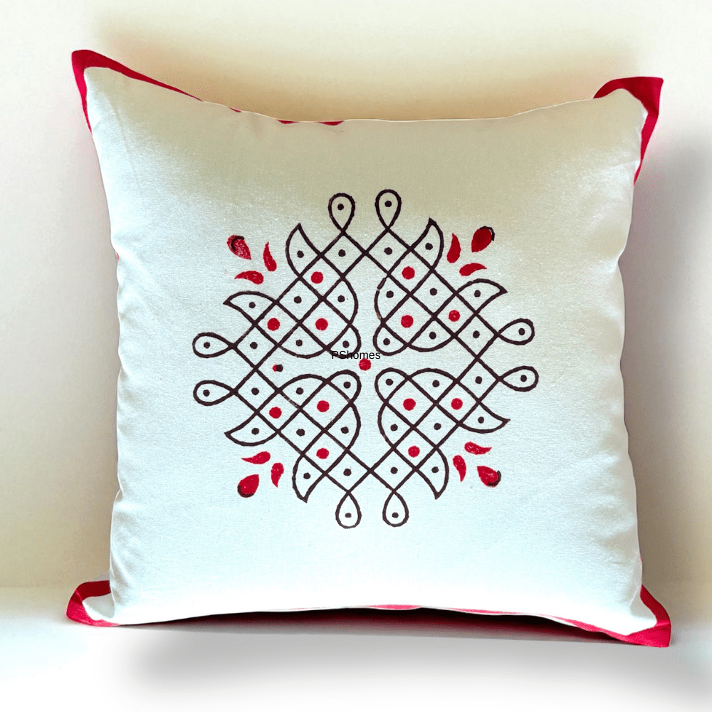 Kolam Handblock Cotton Cushion Covers with Zipper - Set of 4 – Covers & Inserts on Brown Living™. SKU: CUSKOLLAM16X16RED-4PCS. Img 11.