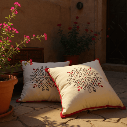 Kolam Handblock Cotton Cushion Covers with Zipper - Set of 4 – Covers & Inserts on Brown Living™. SKU: CUSKOLLAM16X16RED-4PCS. Img 13.