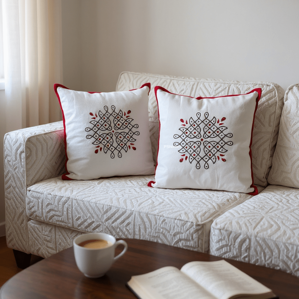 Kolam Handblock Cotton Cushion Covers with Zipper - Set of 4 – Covers & Inserts on Brown Living™. SKU: CUSKOLLAM16X16RED-4PCS. Img 12.