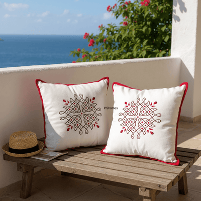 Kolam Handblock Cotton Cushion Covers with Zipper - Set of 4 – Covers & Inserts on Brown Living™. SKU: CUSKOLLAM16X16RED-4PCS. Img 10.