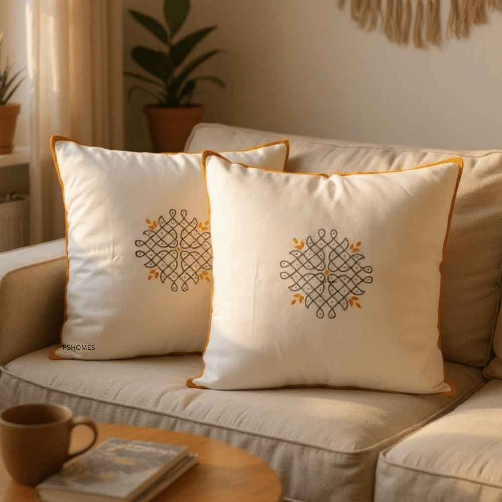Kolam Handblock Cotton Cushion Covers with Zipper - Set of 4 – Covers & Inserts on Brown Living™. SKU: CUSKOLLAM16X16RED-4PCS. Img 8.