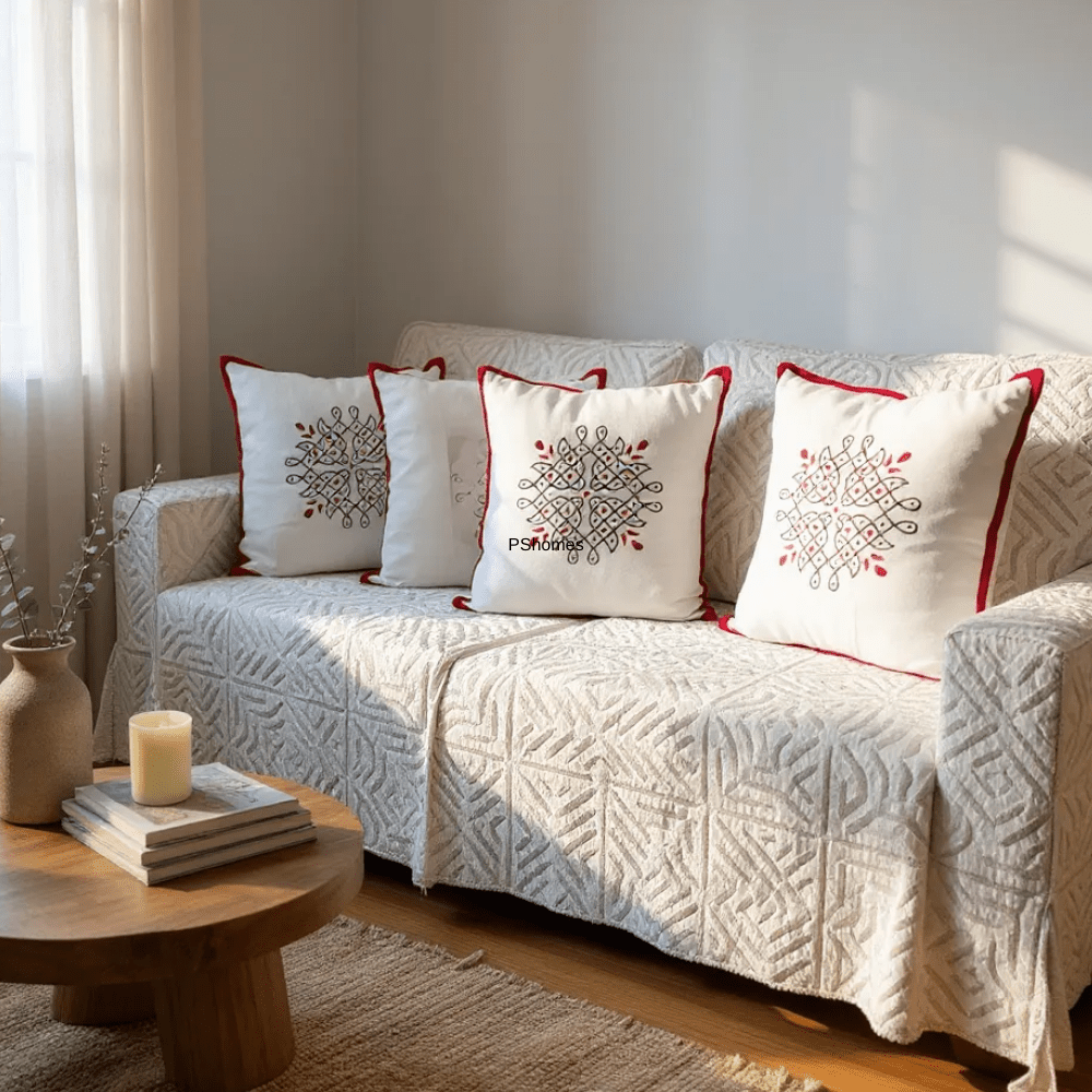 Kolam Handblock Cotton Cushion Covers with Zipper - Set of 4 – Covers & Inserts on Brown Living™. SKU: CUSKOLLAM16X16RED-4PCS. Img 14.