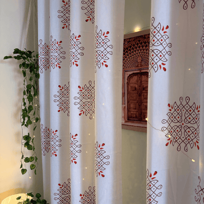 Kolam Print Cotton Door Curtain 7 X 4 ft (Set of 2) – Curtains on Brown Living™. SKU: CURKOLLAM7FEETRED. Img 7.