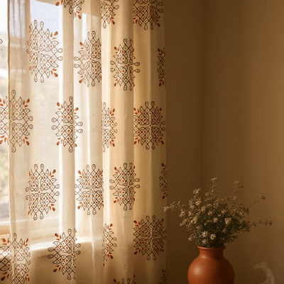 Kolam Print Cotton Door Curtain 7 X 4 ft (Set of 2) – Curtains on Brown Living™. SKU: CURKOLLAM7FEETRED. Img 8.