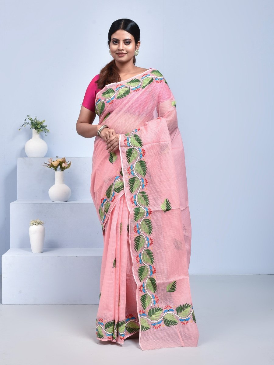 Kota Doria Saree with Hand Embroidery – Womens Saree by Stotra available on Brown Living™. Peach . SKU: ST - KOT - SAR - PEACH - 03. Img 3.