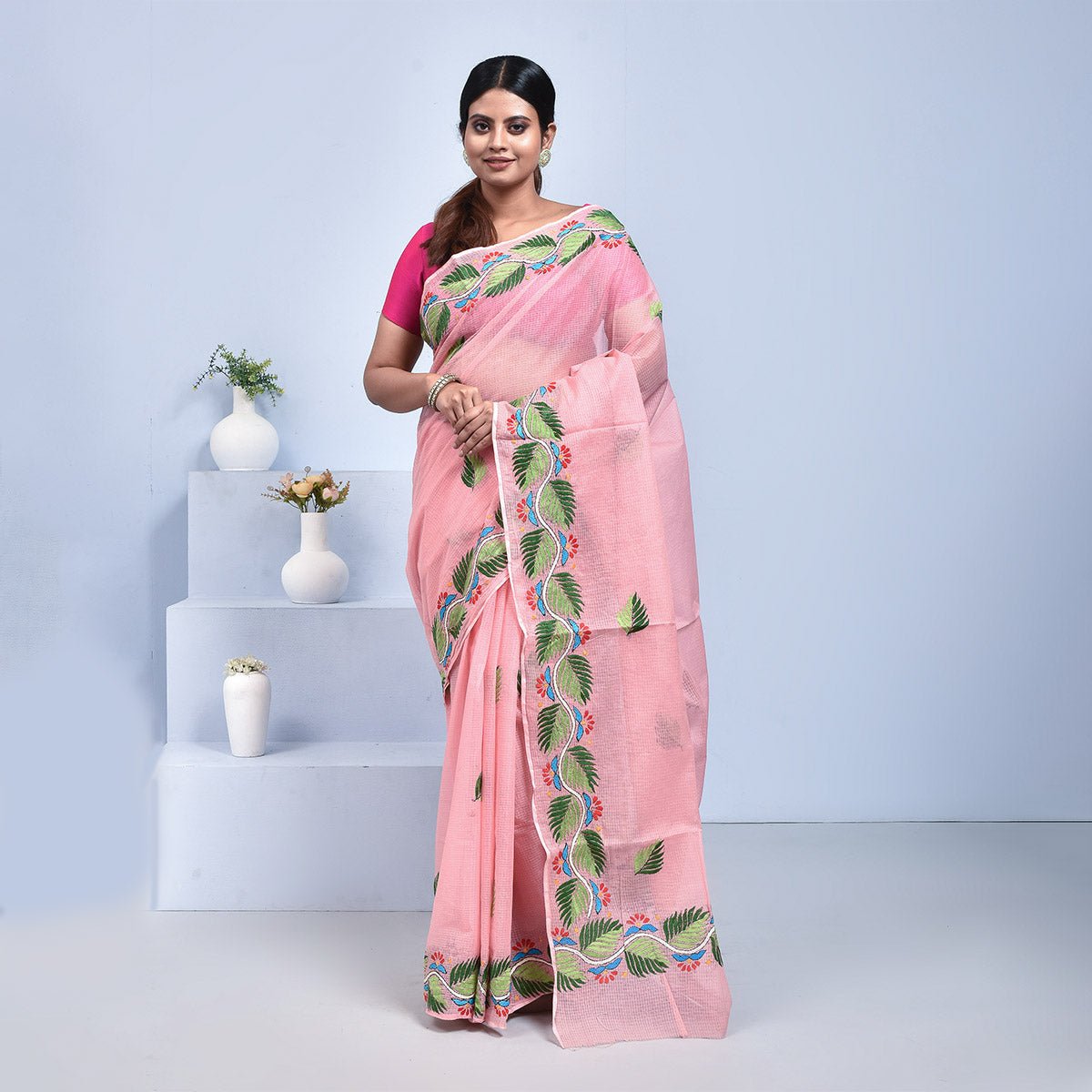 Kota Doria Saree with Hand Embroidery – Womens Saree by Stotra available on Brown Living™. Peach . SKU: ST - KOT - SAR - PEACH - 03. Img 1.
