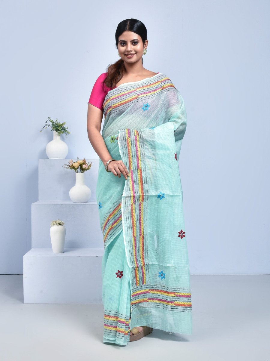 Kota Doria Saree with Hand Embroidery – Womens Saree by Stotra available on Brown Living™. Sea Green . SKU: ST - KOT - SAR - SEAGREEN - 02. Img 2.