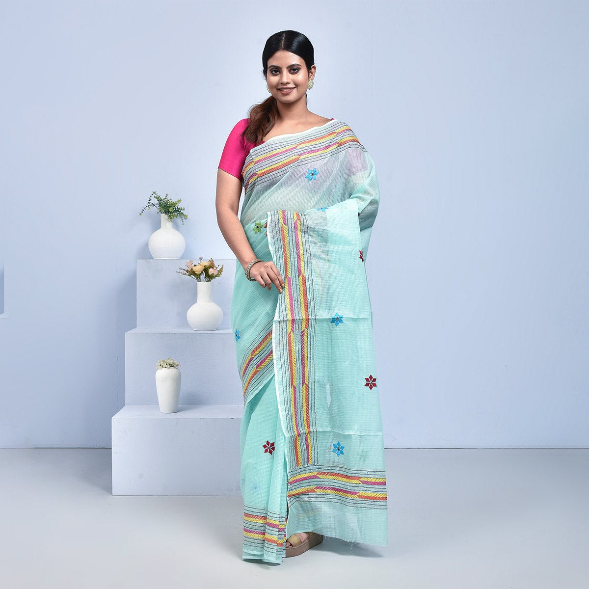 Kota Doria Saree with Hand Embroidery – Womens Saree by Stotra available on Brown Living™. Sea Green . SKU: ST - KOT - SAR - SEAGREEN - 02. Img 2.