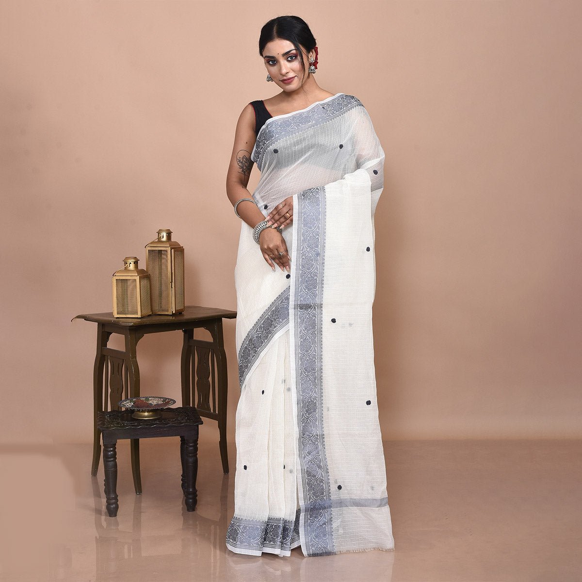 Kota Doria Saree with Hand Embroidery – Womens Saree by Stotra available on Brown Living™. White . SKU: ST - KOT - SAR - WHITE - 01. Img 3.