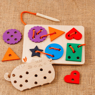Lacing Activity Set Toy | Fine Motor Skills & Hand Eye Coordination – Wooden Toys on Brown Living™. SKU: JNJ0007. Img 1.