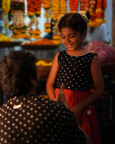 Laddoo Cotton Black Bandhani Top With Checkered Lehenga Set – Kids Ethnic Sets on Brown Living™. SKU: C34G2BML612. Img 10.