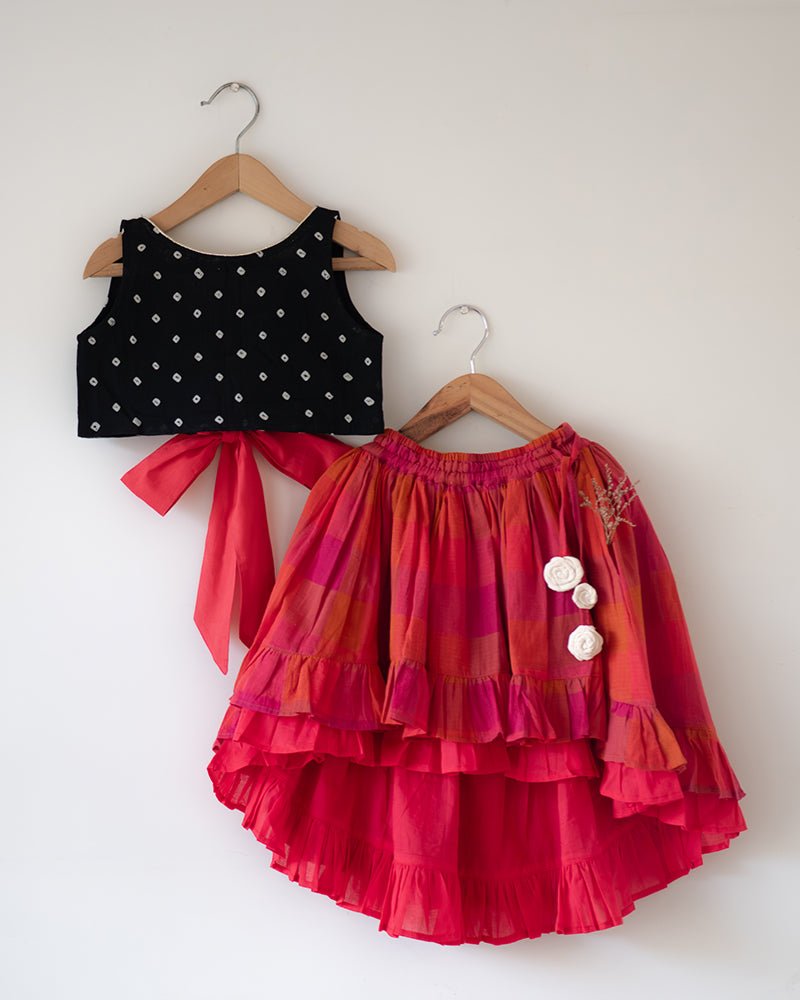 Laddoo Cotton Black Bandhani Top With Checkered Lehenga Set – Kids Ethnic Sets by Love The World Today available on Brown Living™. 6 - 12 M . SKU: C34G2BML612. Img 1.