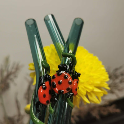 Lady Bug Collection (Teal Green) Glass Straw Stirrers - Set of 2 – Drinking Straws & Stirrers on Brown Living™. SKU: LADYB - STRW. Img 2.