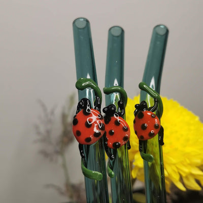 Lady Bug Collection (Teal Green) Glass Straw Stirrers - Set of 2 – Drinking Straws & Stirrers on Brown Living™. SKU: LADYB - STRW. Img 1.