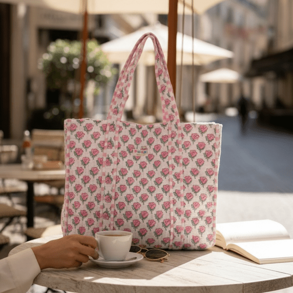 Large Cotton Tote Bag 18x18 Inches | 100% Reusable Shoulder Tote – Tote Bags on Brown Living™. SKU: 18X18PINKROSES. Img 10.