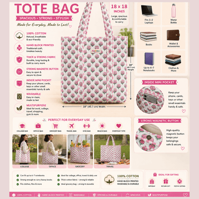 Large Cotton Tote Bag 18x18 Inches | 100% Reusable Shoulder Tote – Tote Bags on Brown Living™. SKU: 18X18PINKROSES. Img 8.
