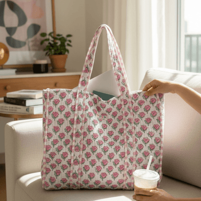 Large Cotton Tote Bag 18x18 Inches | 100% Reusable Shoulder Tote – Tote Bags on Brown Living™. SKU: 18X18WHITEROSES. Img 1.