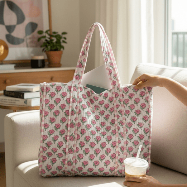 Large Cotton Tote Bag 18x18 Inches | 100% Reusable Shoulder Tote – Tote Bags on Brown Living™. SKU: 18X18WHITEROSES. Img 1.