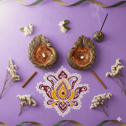 Large Peacock Diya Set Of 2 - Diwali Decoration & Festival Lighting – Home Decor on Brown Living™. SKU: D60. Img 3.