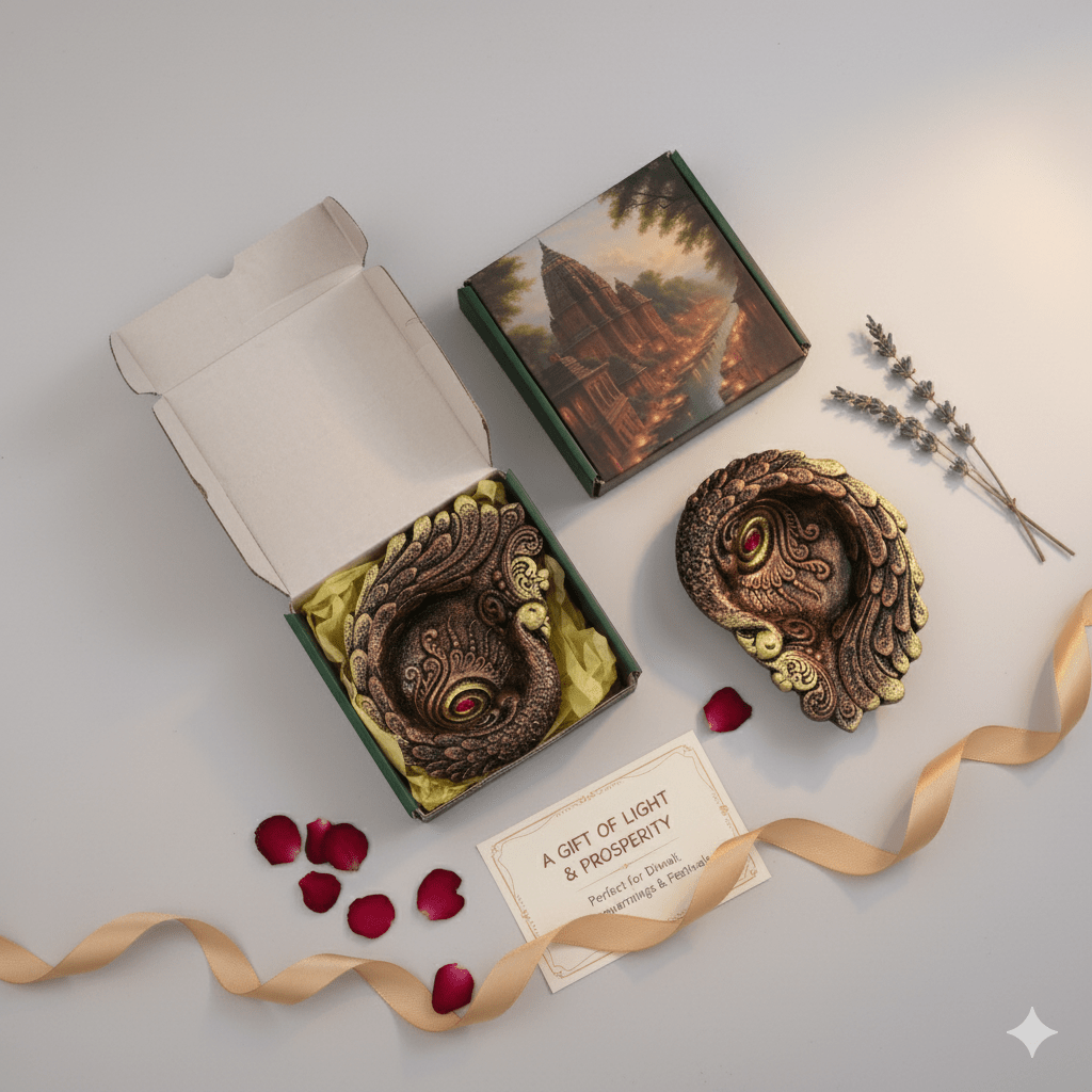Large Peacock Diya Set Of 2 - Diwali Decoration & Festival Lighting – Home Decor on Brown Living™. SKU: D60. Img 4.
