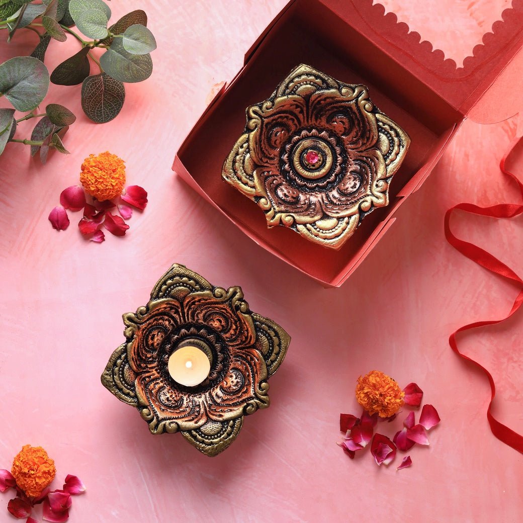 Large Square Diya Set – Ethnic Handmade Decor – Home Decor on Brown Living™. SKU: D26. Img 3.
