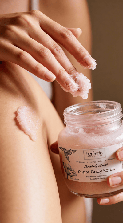 Lavender & Almond Sugar Body Scrub | Gentle Exfoliation – Body Scrub on Brown Living™. SKU: LASS-200. Img 3.