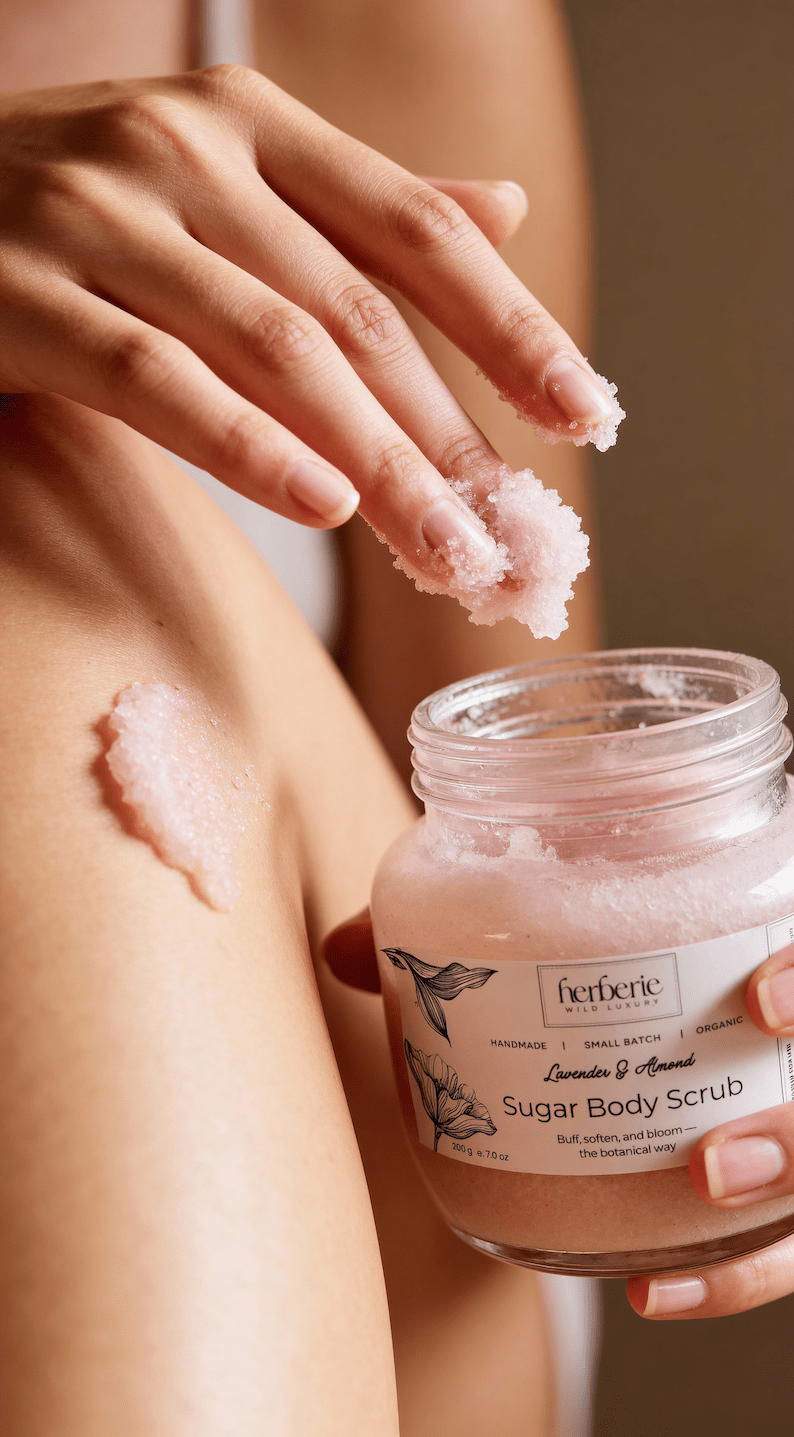 Lavender & Almond Sugar Body Scrub | Gentle Exfoliation – Body Scrub on Brown Living™. SKU: LASS-200. Img 3.