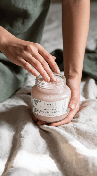 Lavender & Almond Sugar Body Scrub | Gentle Exfoliation – Body Scrub on Brown Living™. SKU: LASS-200. Img 2.