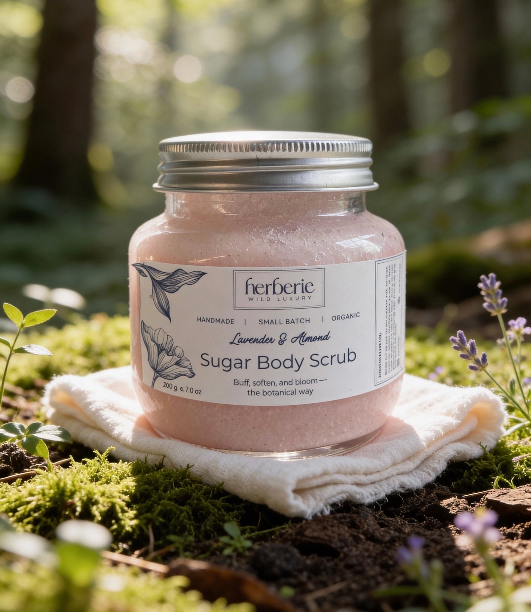 Lavender & Almond Sugar Body Scrub | Gentle Exfoliation – Body Scrub on Brown Living™. SKU: LASS-200. Img 1.