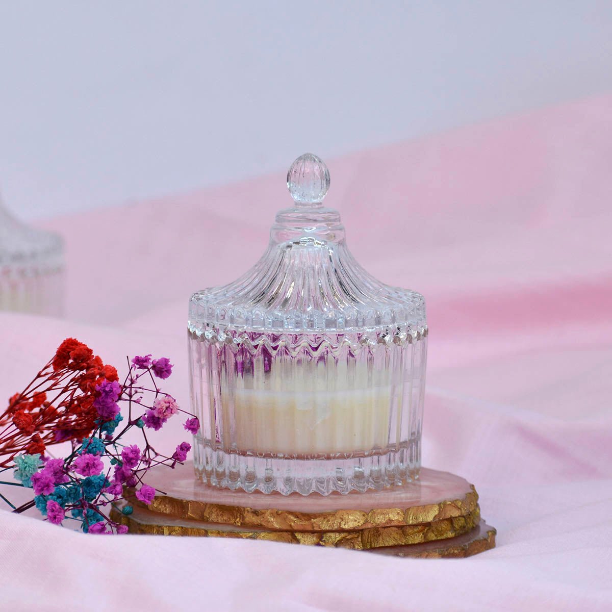 Lavender Crystal Jar Soy Wax Candle with Flowers | Verified Sustainable by Brown Living™