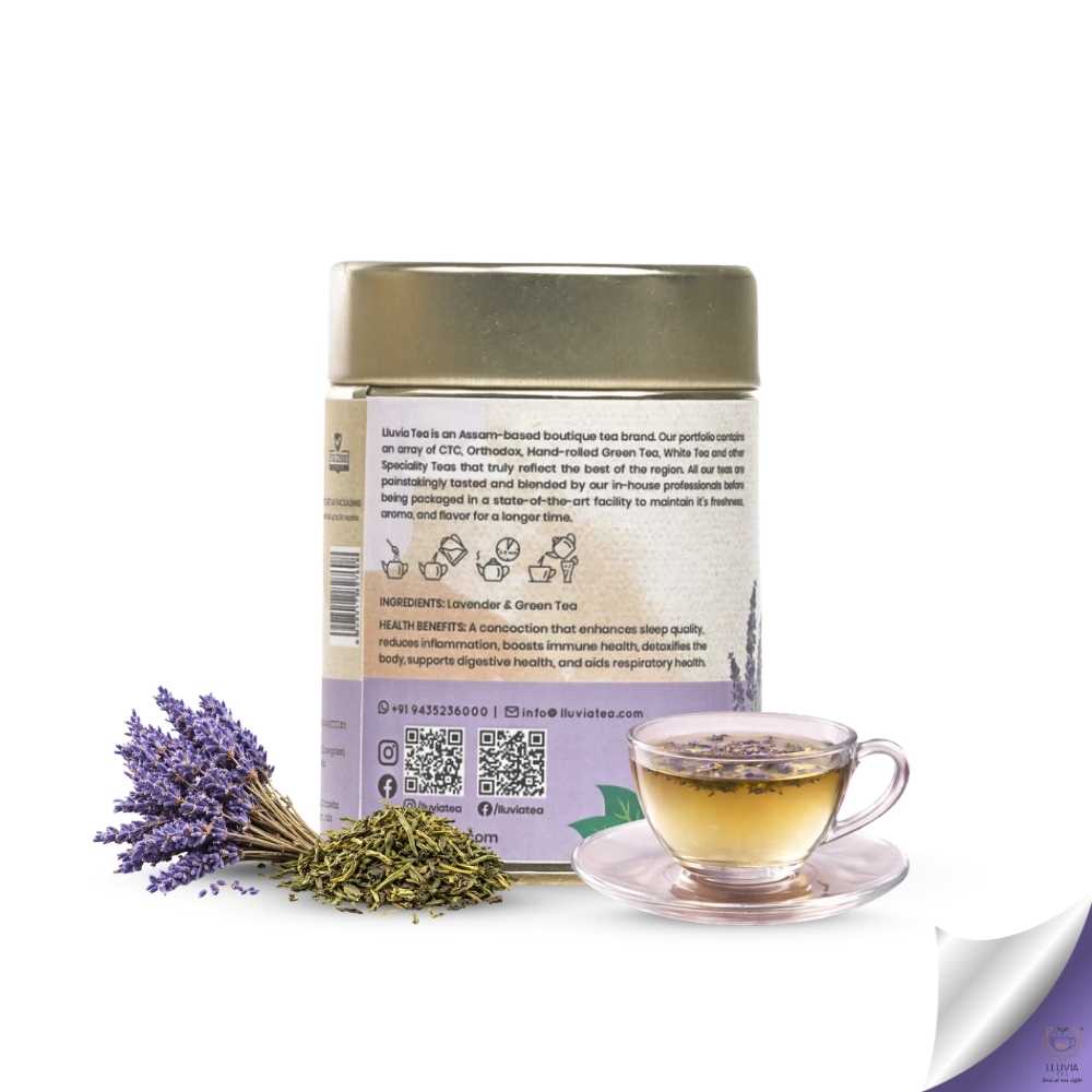 Lavender Dream Green Tea – Relaxation & Stress Relief – 50g – Tea on Brown Living™. SKU: HRTin50New. Img 3.