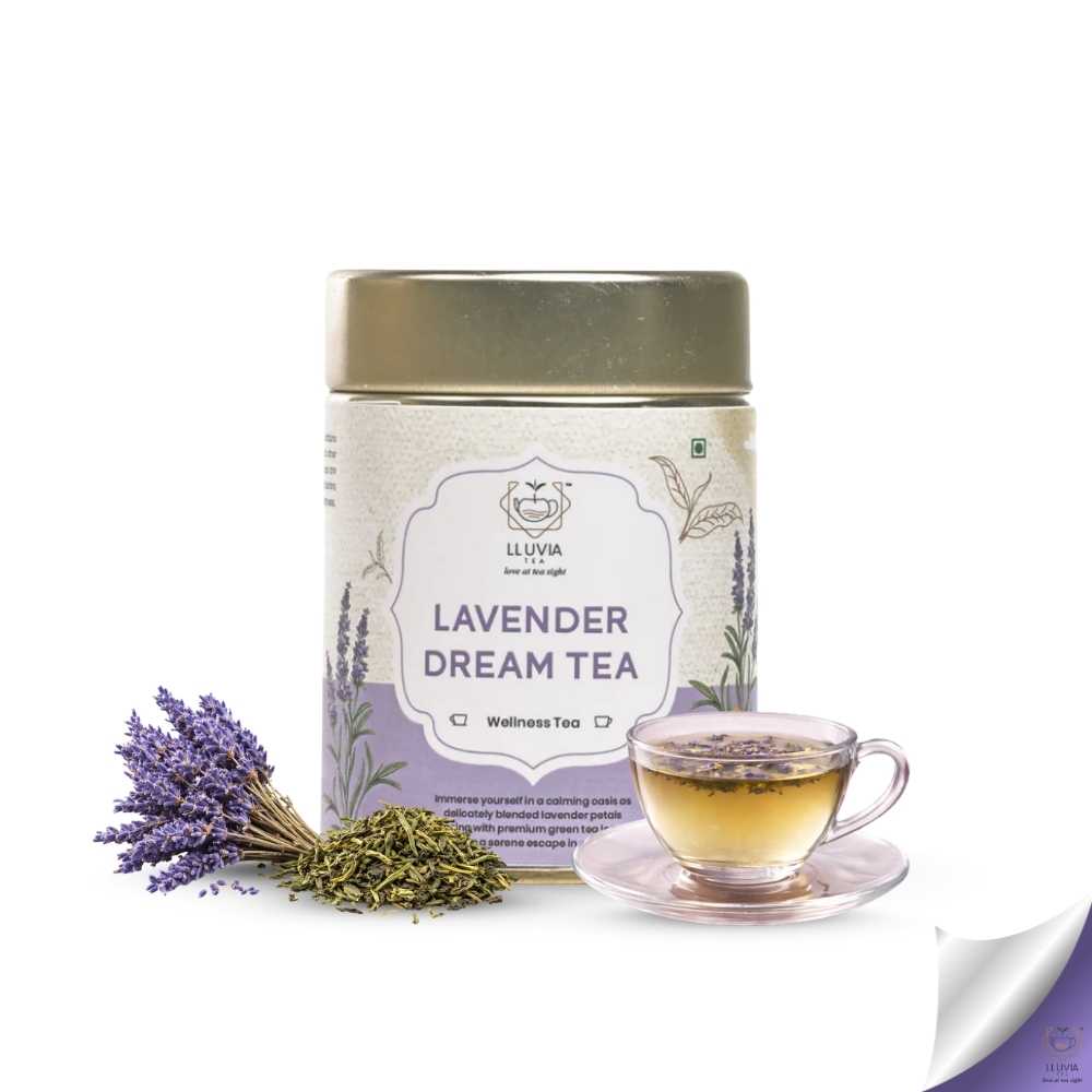 Lavender Dream Green Tea – Relaxation & Stress Relief – 50g – Tea on Brown Living™. SKU: HRTin50New. Img 1.