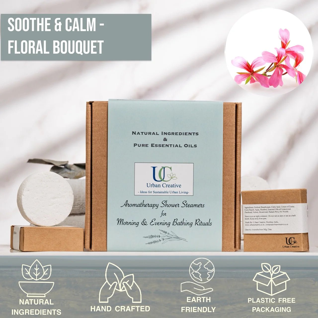 Lavender, Neroli & Geranium Shower Steamers – Calm Set of 4 – Bath Salt on Brown Living™. SKU: SS_4LN_GS. Img 2.