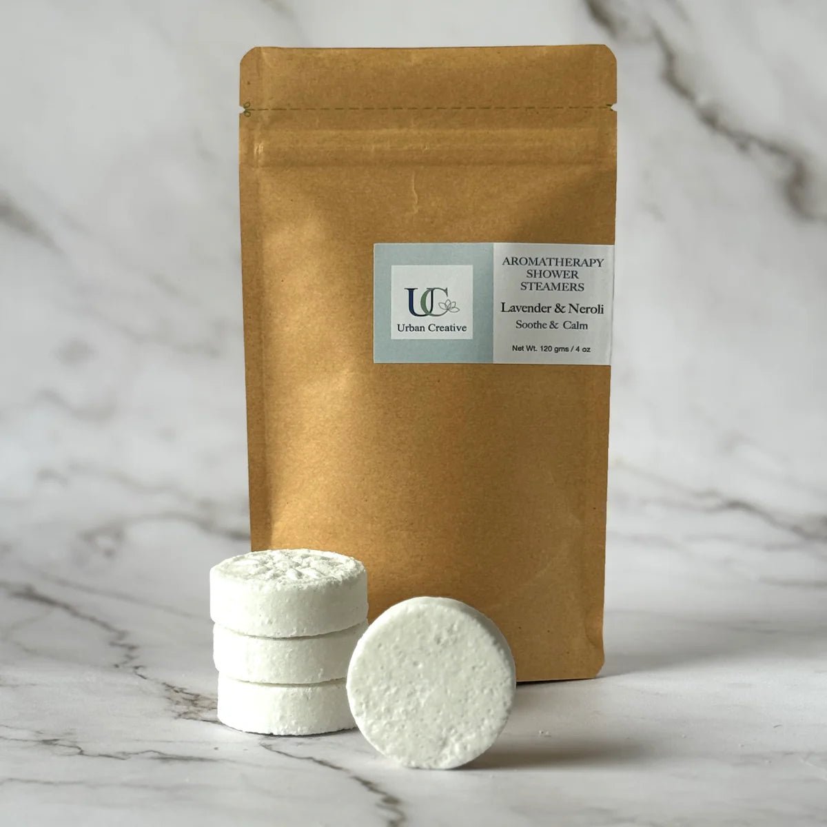Lavender, Neroli & Geranium Shower Steamers – Calm Set of 4 – Bath Salt on Brown Living™. SKU: SS_4LN_MP. Img 6.