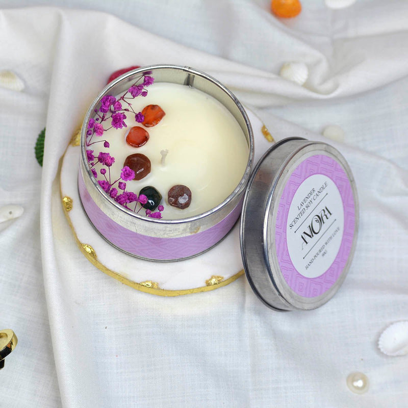 Lavender Scented Soy Wax Candle in Tin with Flowers and Stones | Verified Sustainable Candles & Fragrances on Brown Living™