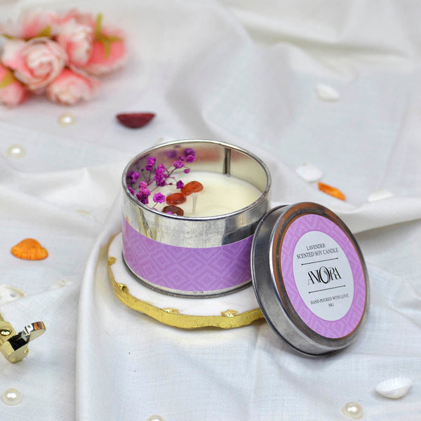 Lavender Scented Soy Wax Candle in Tin with Flowers and Stones | Verified Sustainable Candles & Fragrances on Brown Living™