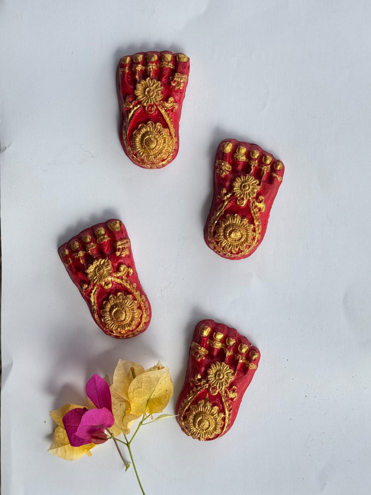 Laxmi Charan Paduka – Red & Golden Decorative Feet for Puja & Festival – Pooja Needs on Brown Living™. SKU: CD109. Img 1.