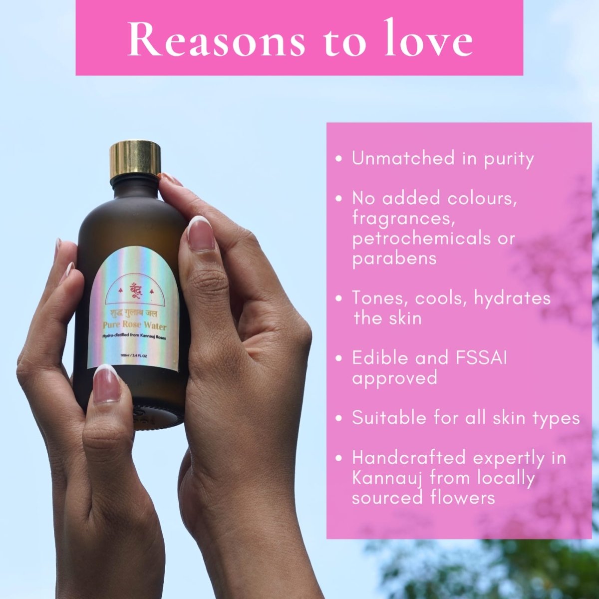 शुद्ध गुलाब जल | Pure Rose Water – Face Toner by Boond Fragrances available on Brown Living™. . SKU: BFGJ. Img 7.