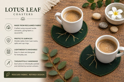Leaf Fabric Coasters Set Of 4 | Eco Friendly Tableware Accent – Coasters on Brown Living™. SKU: CA02. Img 5.