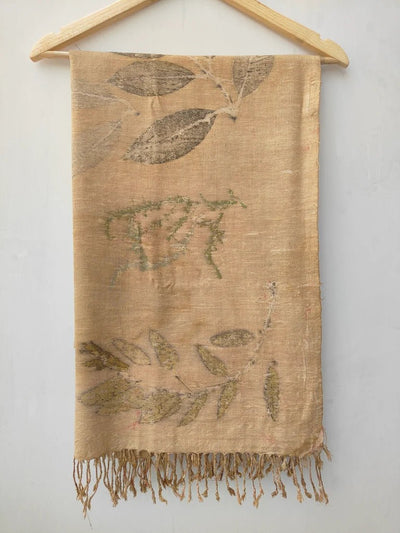 Leaf Mosaic Ahimsa Eri Silk Wrap Scarf | Large Silk Stole – Womens Scarf on Brown Living™. SKU: AS002. Img 1.