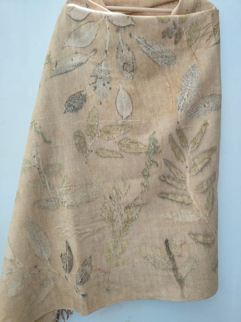 Leaf Mosaic Ahimsa Eri Silk Wrap Scarf | Large Silk Stole – Womens Scarf on Brown Living™. SKU: AS002. Img 3.