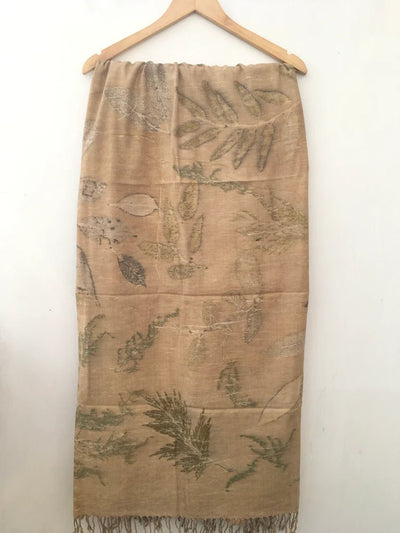 Leaf Mosaic Ahimsa Eri Silk Wrap Scarf | Large Silk Stole – Womens Scarf on Brown Living™. SKU: AS002. Img 4.
