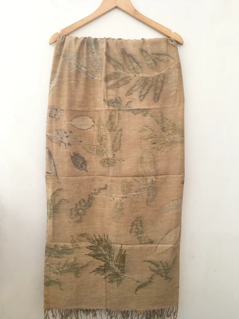 Leaf Mosaic Ahimsa Eri Silk Wrap Scarf | Large Silk Stole – Womens Scarf on Brown Living™. SKU: AS002. Img 4.
